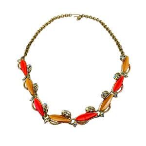 Vintage 60s Coral Orange Beaded Rhinestone Necklace MCM 18" Gold Tone Unsigned